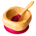 Bol de bambú con ventosa de silicona granate y cuchara