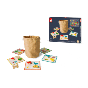juego de reconocimiento táctil, bolsita con tarjetas y fichas piezas de madera