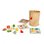 juego de reconocimiento táctil, bolsita con tarjetas y fichas piezas de madera