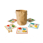 juego de reconocimiento táctil, bolsita con tarjetas y fichas piezas de madera
