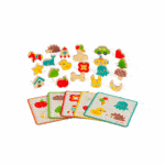 juego de reconocimiento táctil, bolsita con tarjetas y fichas piezas de madera