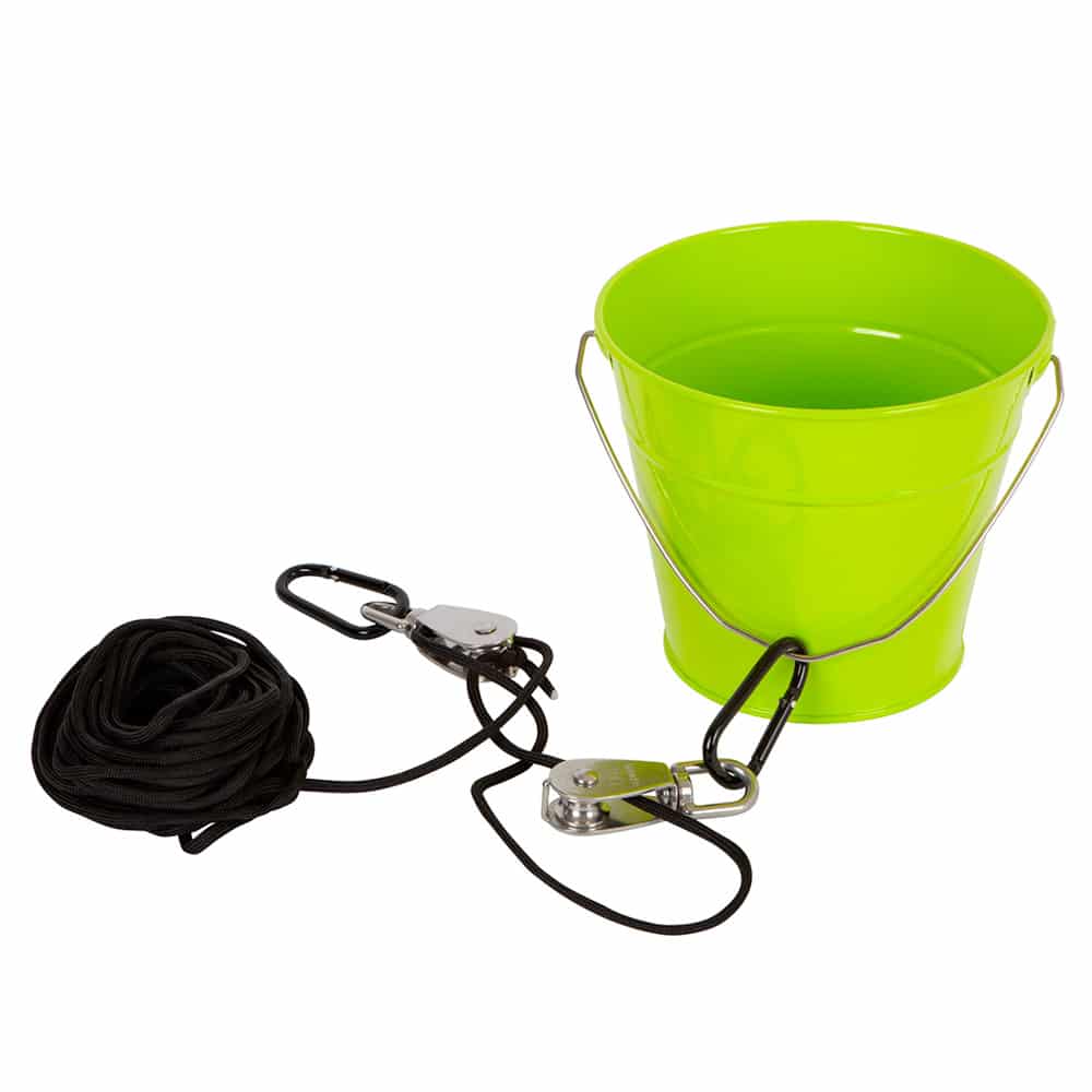 Polea con cubo Polea con cubo metálico verde