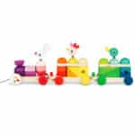 Arrastre tren gigante multicolor con animales y piezas de ensartar y apilar
