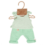 conjunto de ropa compuesto por pantalón verde menta, camisa de tirantes blanca y cinta del pelo rosa para muñecos de hasta38 cm