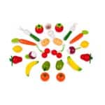 Cesta de mimbre sintético con 24 frutas y verduras de madera