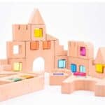 40 Bloques de construcción de madera maciza de haya con gemas translúcidas de colores vibrantes