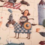 puzzle I´m a knight 100 piezas con ilustraciones en un tono de humos en un castillo medieval de la marca Londji