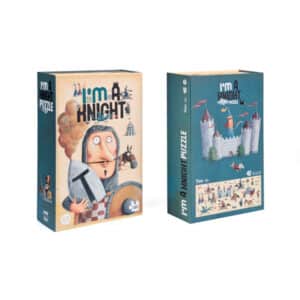puzzle I´m a knight 100 piezas con ilustraciones en un tono de humos en un castillo medieval de la marca Londji