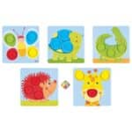 Tarjetas con dibujos de animales con fichas de colores para colocar.