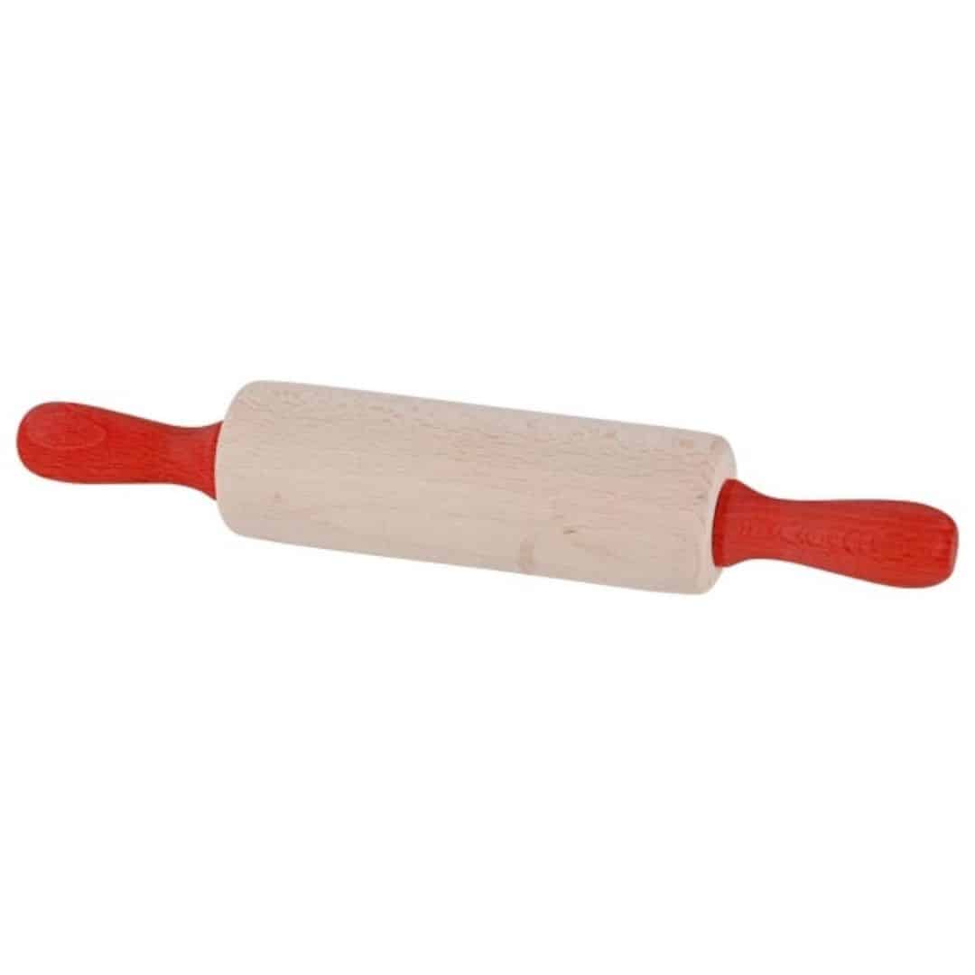Rodillo de madera con asas rojas Rodillo de madera con mangos rojos