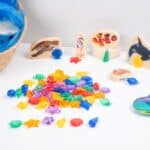 Conchas translúcidas de colores de 4 formas diferentes y 6 colores colocadas en una mesa con figuras de madera de animales marinos.