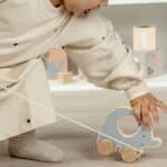 Niña jugando con el elefante de arrastre incluido en la Caja Juega y aprende 18-24 meses, set de 4 juguetes