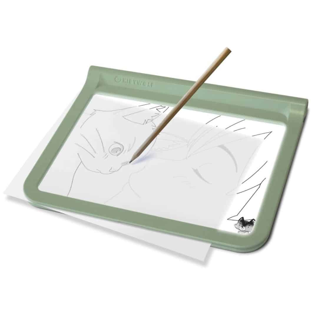 Mesa de luz reversible portátil Kidydraw Kidydraw, tableta luminosa reversible con un dibujo de un gato que están calcando