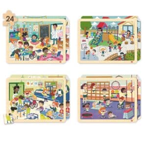 Set de cuatro puzzles de madera Mi cole inclusivo