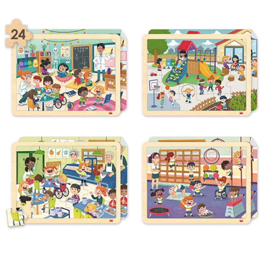 Set de cuatro puzzles de madera Mi cole inclusivo Set de cuatro puzzles de madera Mi cole inclusivo
