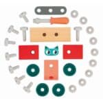 Piezas formando un círculo que se necesitan para montar el Coche gato para construir Brico Kids
