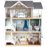 Casa de muñecas de madera con muebles Villa en la ciudad vista de frente