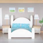 Detalle del dormitorio de la Casa de muñecas de madera con muebles Villa en la ciudad