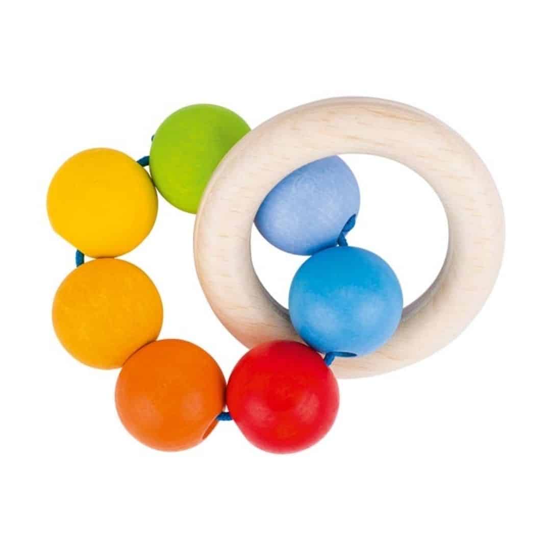 Sonajero mordedor anilla de madera con bolas arcoíris Sonajero mordedor anilla de madera con bolas arcoíris