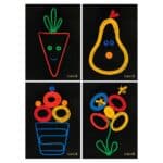 imagen de cuatro dibujos creados con los cordones de la Pizarra para dibujar con cordones