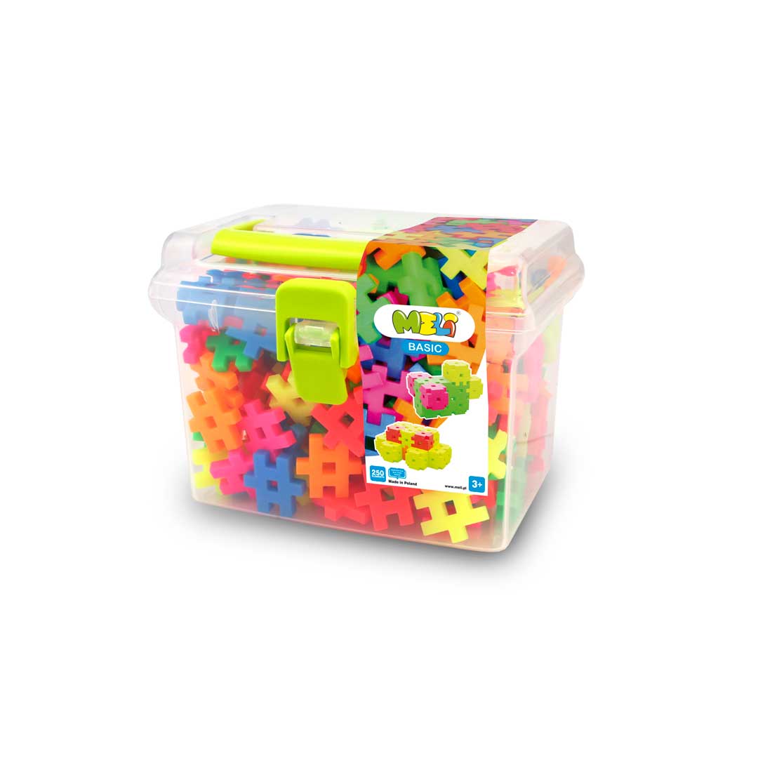 Bloques Meli Basic Neón travel box 250 piezas imagen de los Bloques Meli Basic Neón 25 piezas en su caja de plástico de almacenamiento