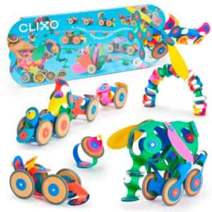 imagen de portada con le caja y el producto de la Construcción magnética 72 piezas flexibles Clixo Wheel Pack