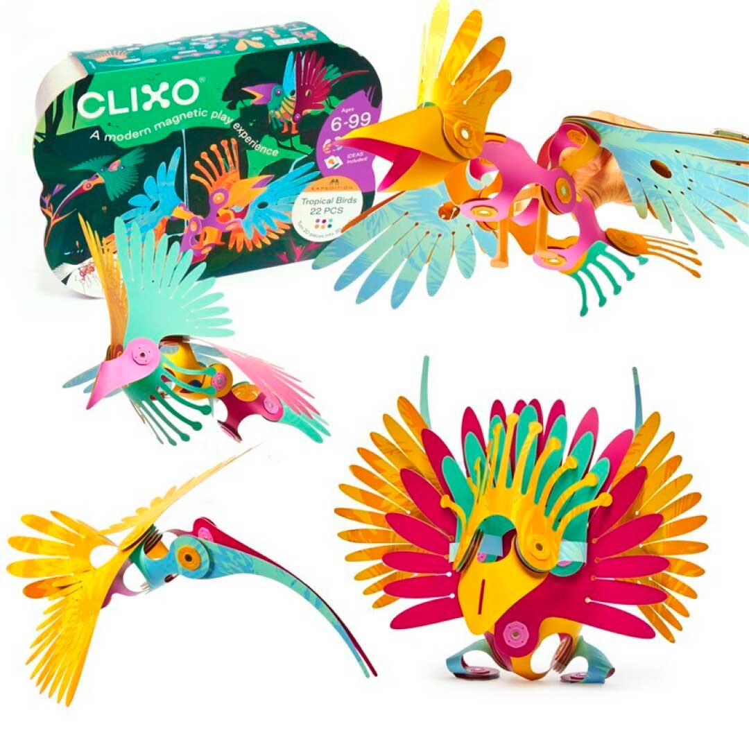 Construcción magnética 22 piezas flexibles Clixo Tropical Birds imagen del packaging de juego Construcción magnética 22 piezas flexibles Clixo Tropical Birds