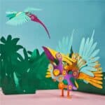 imagen sobre fondo de naturaleza de dos aves creadas con el pack Construcción magnética 22 piezas flexibles Clixo Tropical Birds