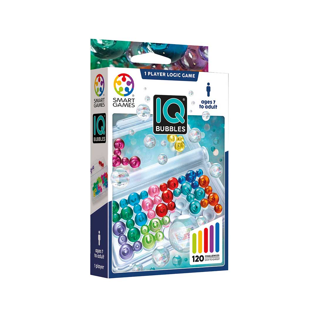 IQ Bubbles, juego de lógica para 1 jugador de Smart Games imagen del portada del packaging del IQ Bubbles juego de lógica para 1 jugador de Smart Games