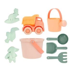 imagen de portada con los nueve elementos del Set de juguetes de playa cubo naranja de Monnëka