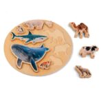 Imagen de tablero y piezas de Puzzle con imágenes reales de animales y tarjeta informativa