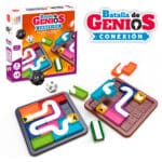 imagen del packaging y los tablero del Batalla de Genios Conexión juego de lógica