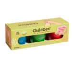 imagen del packaging de Plastilina Natural, 3 botes rojo azul y verde de 125gr