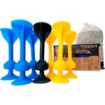 imagen de portada de los 7 dardos de silicona con ventosa Tossit azul y amarillo