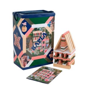 imagen de la caja y las piezas del Juego Kapla 200 piezas Barril Primavera