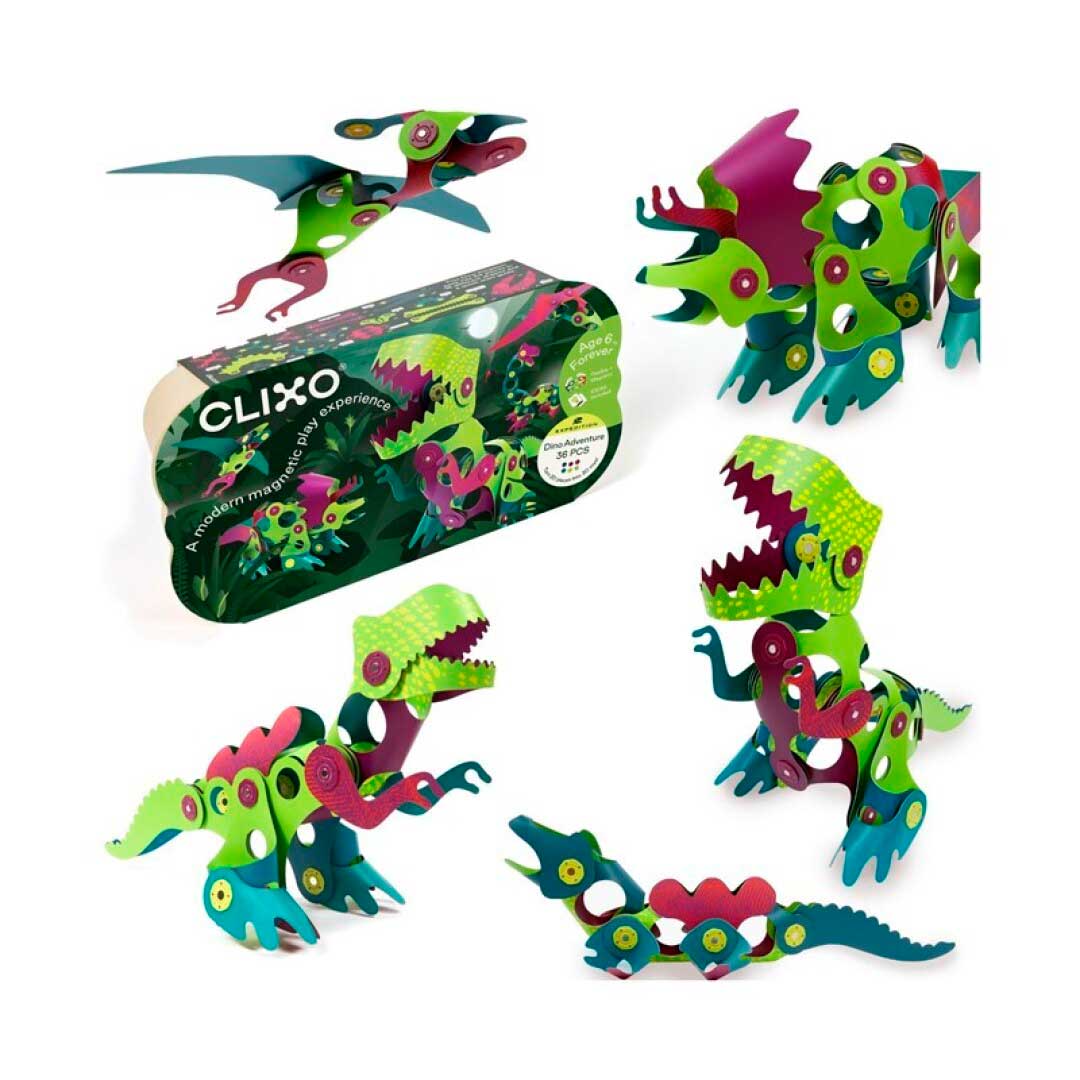 Clixo Dinos 36 piezas de construcción magnéticas flexibles imagen del packaging del pack Clixo Dinos 36 piezas de construcción magnéticas flexibles