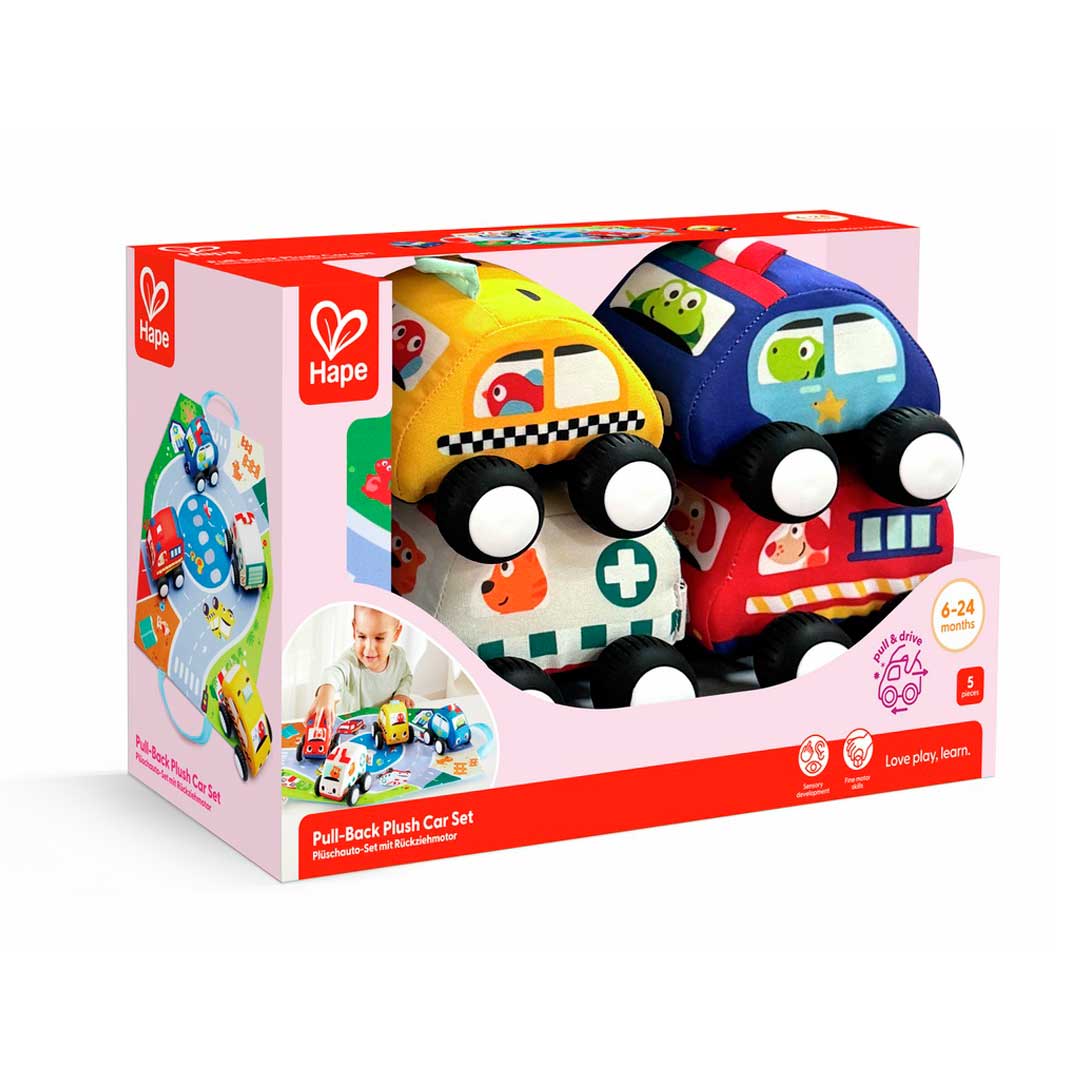 Set de coches de peluche con alfombra de Hape imagen del packaging del Set de coches de peluche con alfombra de Hape