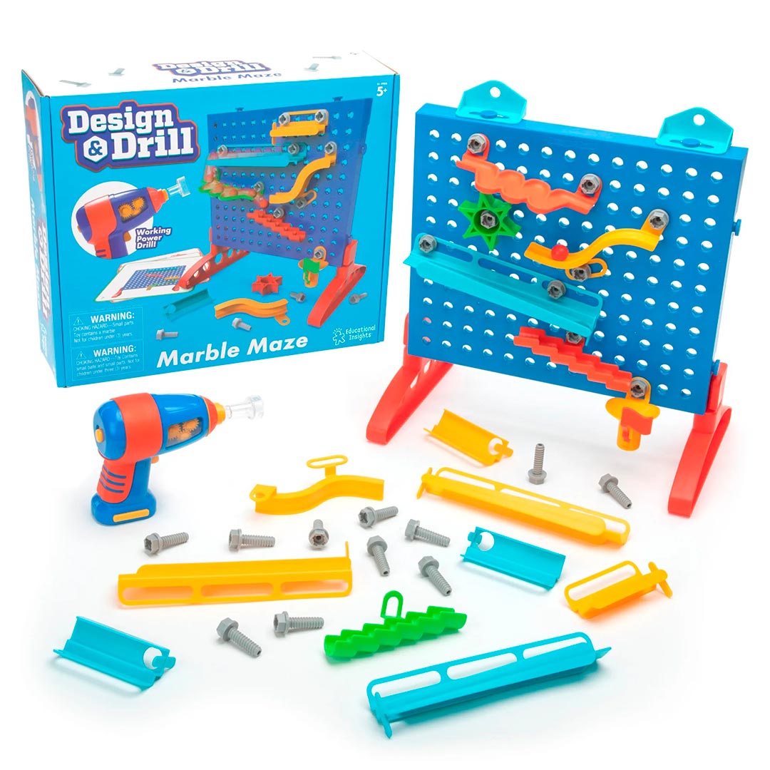 Juego de construcción circuito de canicas con taladro y tornillos imagen del Juego de construcción circuito de canicas con taladro y tornillos con su packaging