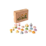 imagen del set Grapat 18 flores de madera para juego simbólico y su packaging