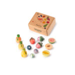 imagen del set Grapat 12 frutas de madera para juego simbólico y su packaging