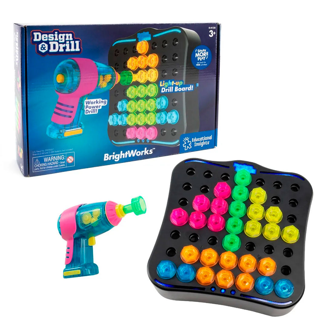 Juego de construcción con taladro luminoso y tornillos imagen del Juego de construcción con taladro luminoso y tornillos y su packaging
