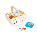 imagen de la Cesta de la compra de madera infantil con monedero de fieltro con frutas y verduras de madera