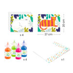 imagen del contenido y las medidas del Kit de pintura de dedos con láminas de Djeco
