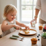 imagen de una niña usando el Set de cubiertos Kiddikutter Verde